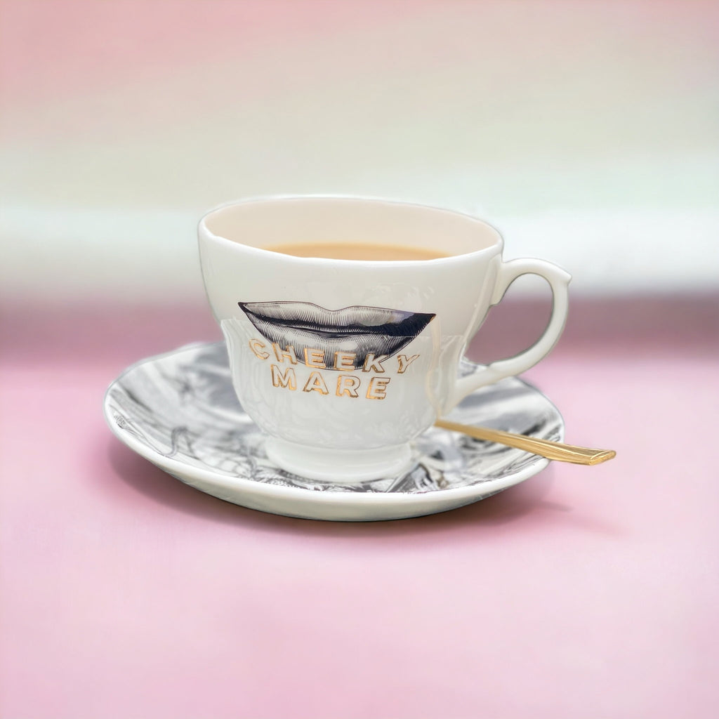 Cheeky Mare Signature Fine Bone China Cup & Saucer  Gilded in Real 18ct Gold, 310ml Large Size
